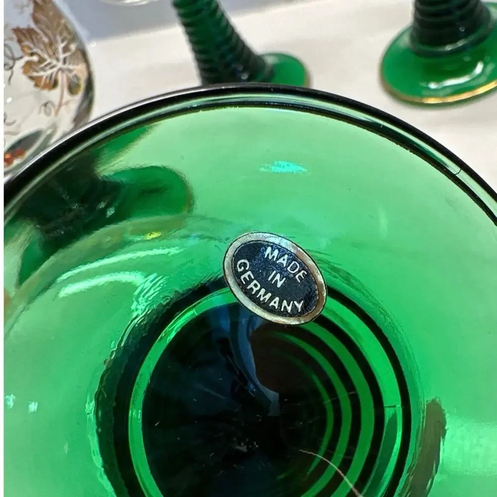 Set 6 Roemer Bockling Green Stem Trim Wine Glasses Wrought Iron Rack Germany